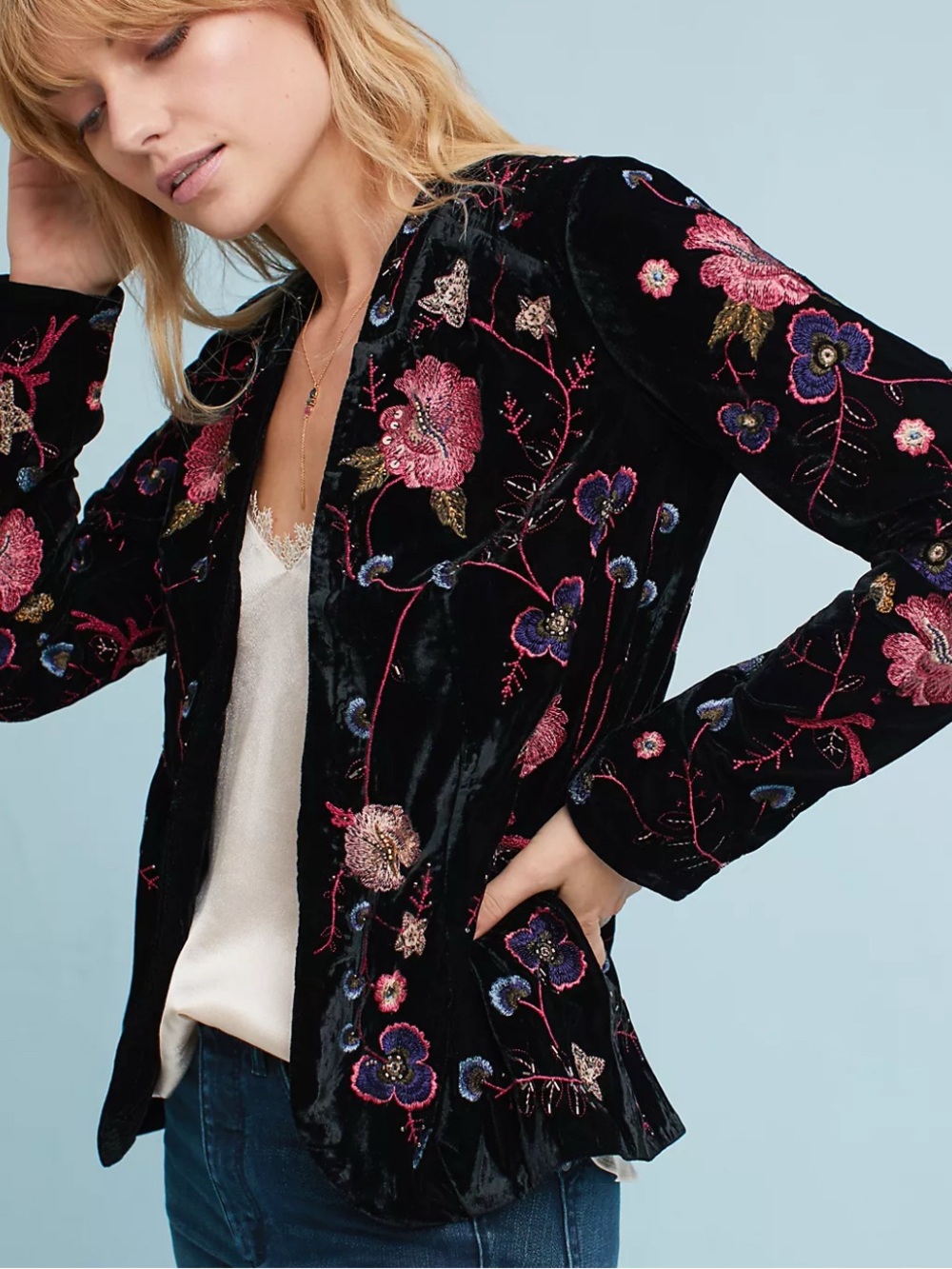 Ett:twa by Anthropologie Embellished Embroidered Jacket Black Velvet Floral XL